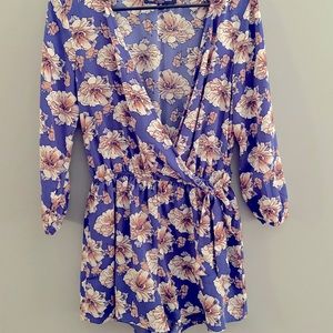 Long Sleeve Floral Print Wrap Top Romper